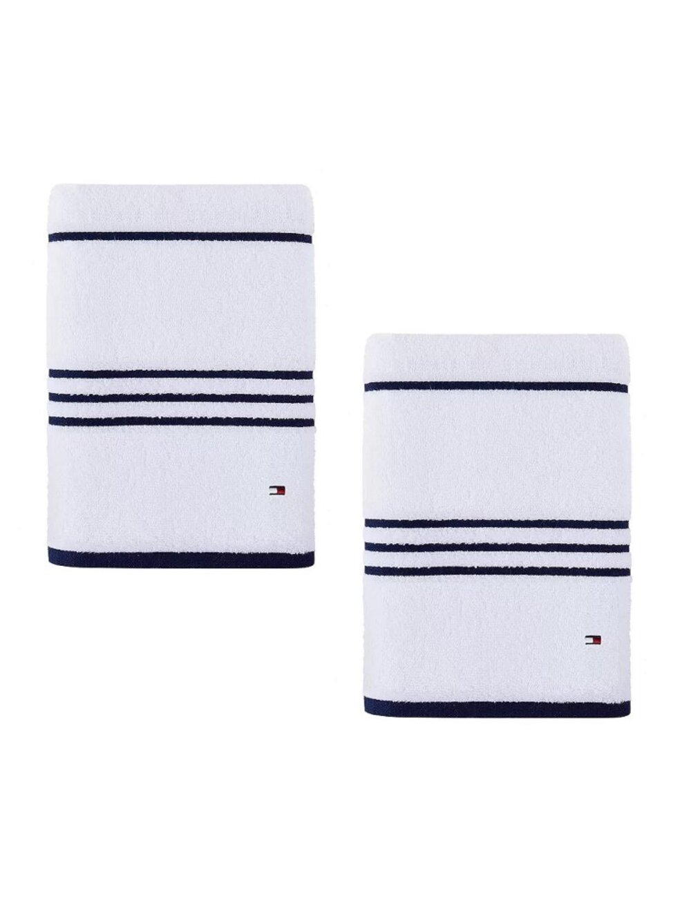 2 new Tommy Hilfiger American 90% Cotton BATH Towels = WHITE with BLACK STRIPES